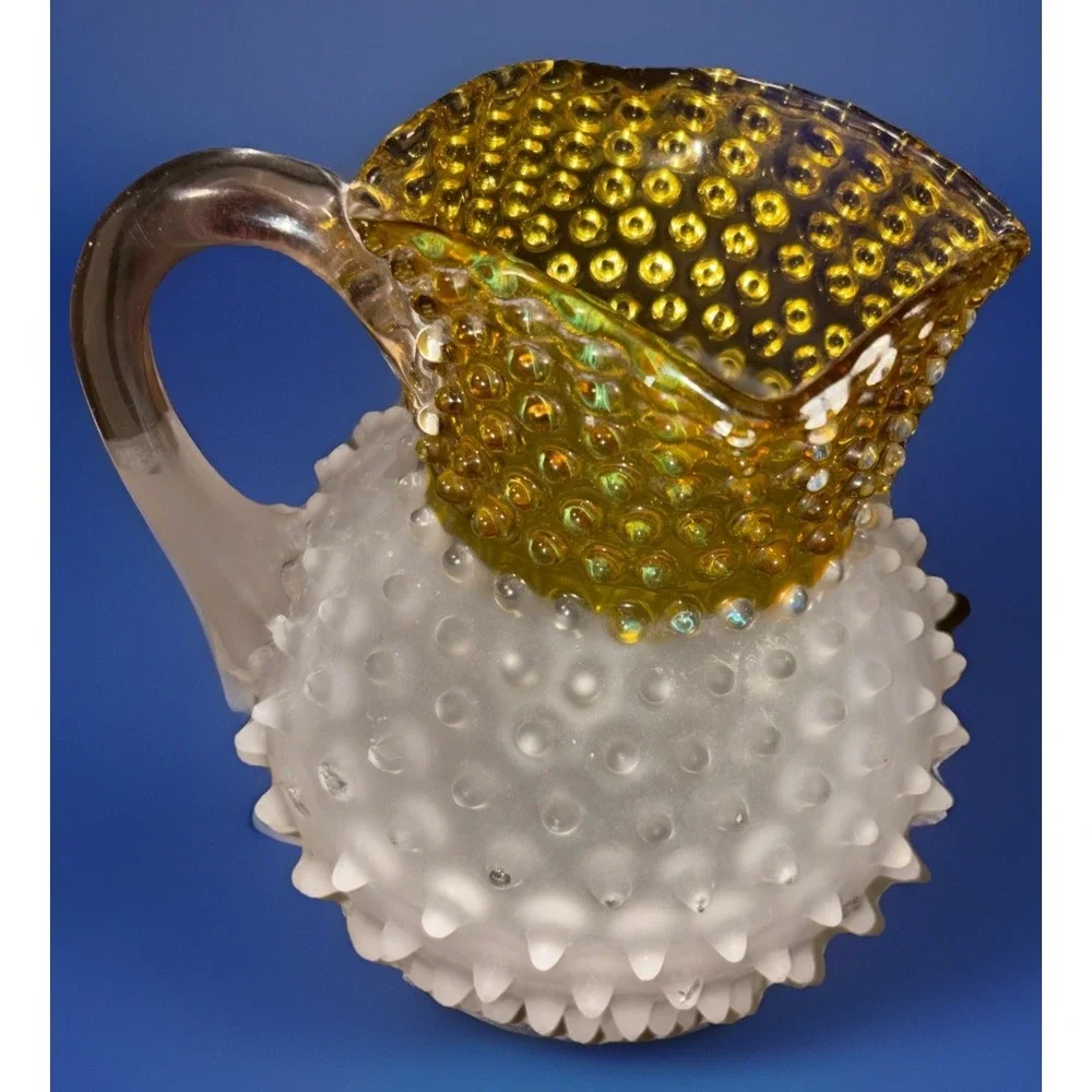 Antique Hobbs Brockunier No‎ 323 Dew Drop Hobnail Satin Glass Pitcher Amber READ